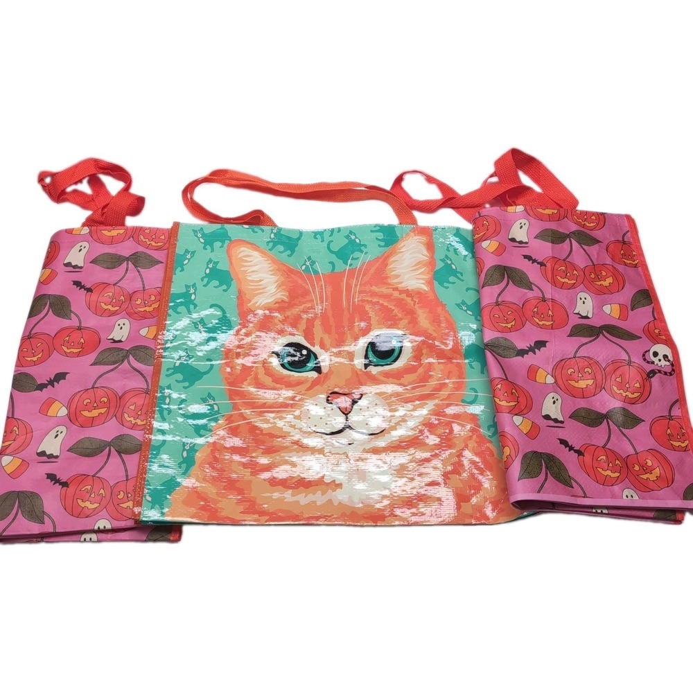 3 Reusable Shopping Tote Bags Halloween Fall‎ Cat Spider Ghost Skull Marshalls